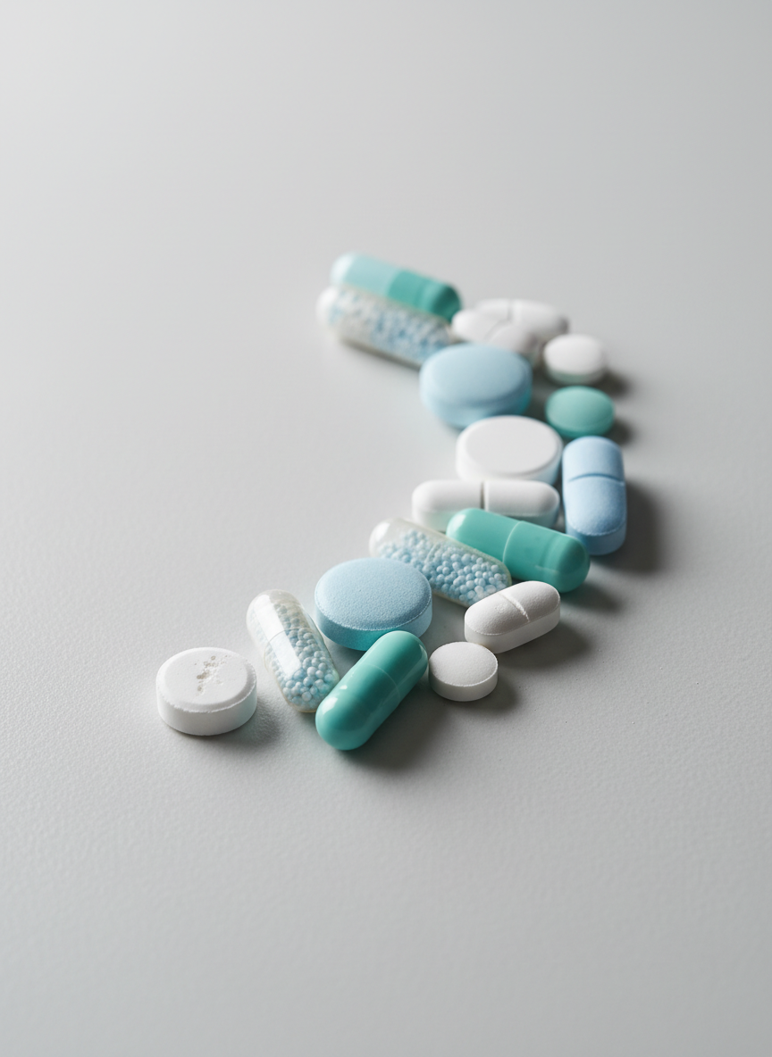 A close-up, high-detail view of assorted pharmaceutical capsules and tablets in calm, professional tones of white, light blue, and soft teal, arranged in a gently curved pattern on a smooth, matte light-grey surface. Each dosage form has distinct textures: glossy gelatin capsules, satin-finish coated tablets, and a few scored, uncoated tablets with fine powder edges. Soft, diffused studio lighting from the upper left creates subtle highlights and delicate, natural shadows, enhancing the form without harsh contrast. Photographic realism with a top-down, rule-of-thirds composition and shallow depth of field yields a clear focal area, evoking precision, quality, and trust in science-driven formulations.