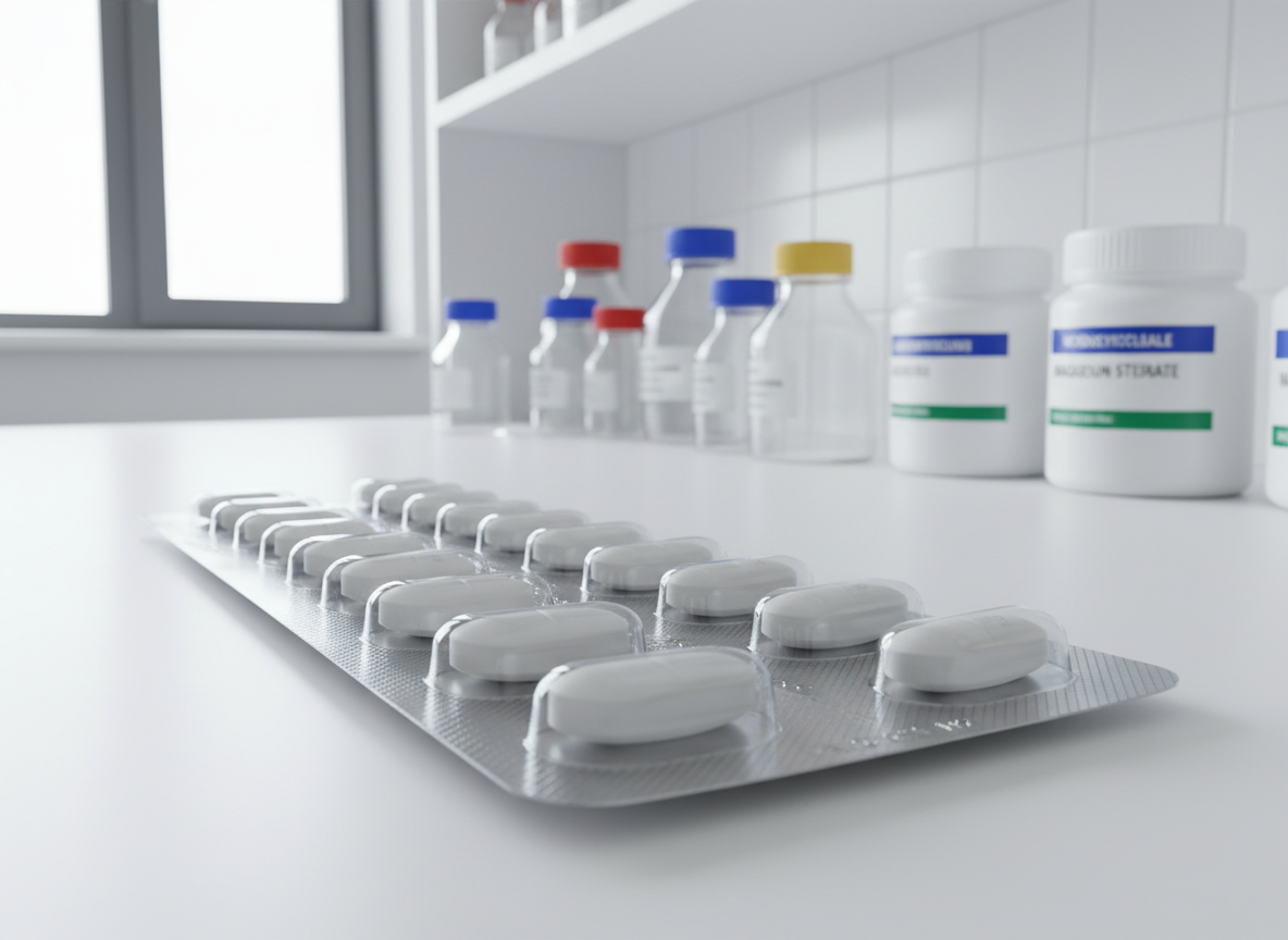 A gleaming stainless steel pharmaceutical tablet blister pack arranged neatly on a pristine white laboratory bench, each cavity containing a uniform, film-coated white tablet with subtle embossing. In the background, slightly out of focus, transparent glass reagent bottles with color-coded caps and neatly labeled containers of excipients sit on clean shelves. Cool, diffused daylight from a large unseen window illuminates the scene, creating crisp reflections on the metal foil and soft shadows under each blister. Photographic realism, shot at eye level with a shallow depth of field, conveys precision, safety, and modernity, reinforcing a professional, science-driven pharmaceutical brand identity.
