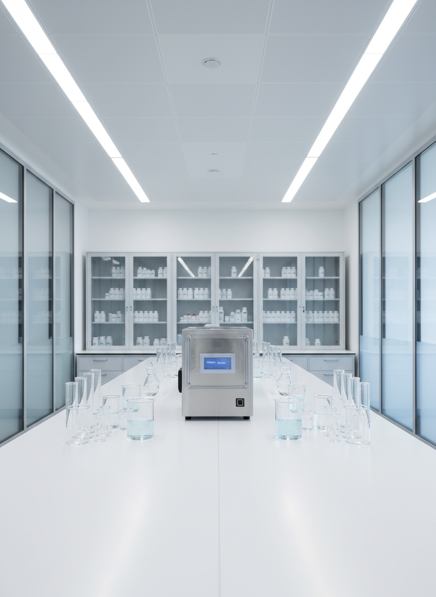 A modern pharmaceutical research laboratory interior featuring a long, spotless benchtop with neatly arranged glass volumetric flasks, beakers containing clear and pale-blue solutions, and a closed, high-tech analytical instrument with a subtle LED display. Behind, floor-to-ceiling cabinets with frosted glass doors hold meticulously organized bottles and containers, all perfectly labeled. Bright, even overhead lighting combined with soft, cool natural light from side windows creates a clean, clinical ambiance with minimal shadows. Captured in photographic realism from a slightly elevated wide-angle perspective, the composition emphasizes order, innovation, and reliability, suitable for a trusted pharma company showcasing its R&D capabilities without any human presence.